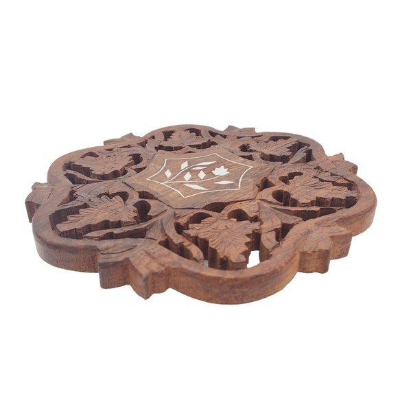 Vintage Carved Wooden Trivet 70s Plant Stand Floral Inlay India Handmade Leaves - Picture 3 of 7
